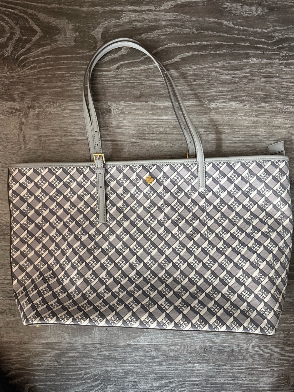 Tory Burch Gray Patterned Tote with Gold Logo